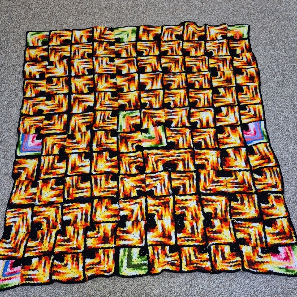 Vintage Vibrant Handmade Multicolor Crochet Blanket 38x49